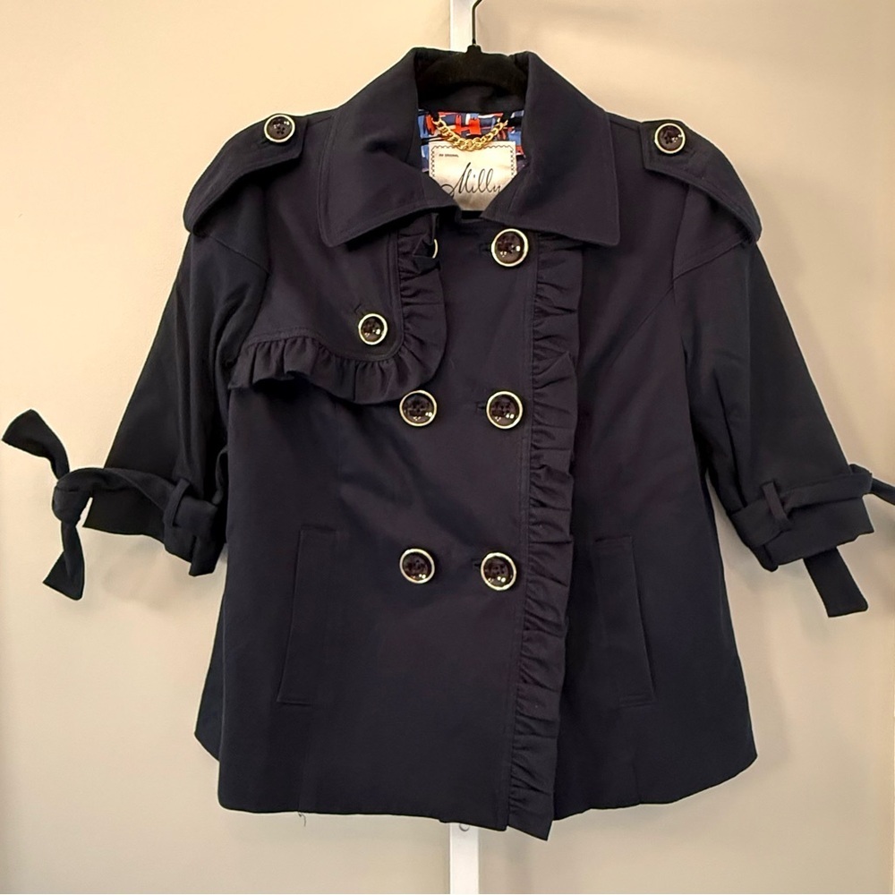 Milly Navy Trench Coat Ruffle Double Breasted Tie Crop Sleeve Jacket Sz 6